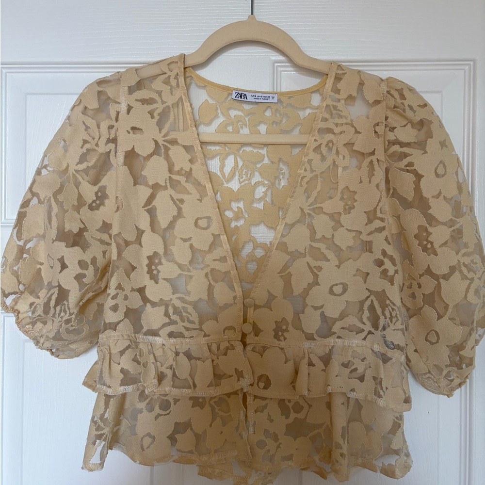 Zara Sheer Floral Ruffle Peplum Top in Beige